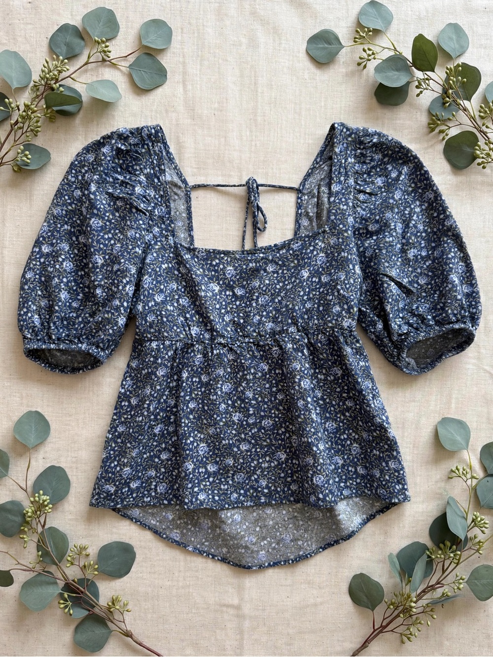 H&M Navy Floral Puff-Sleeve Peplum Blouse